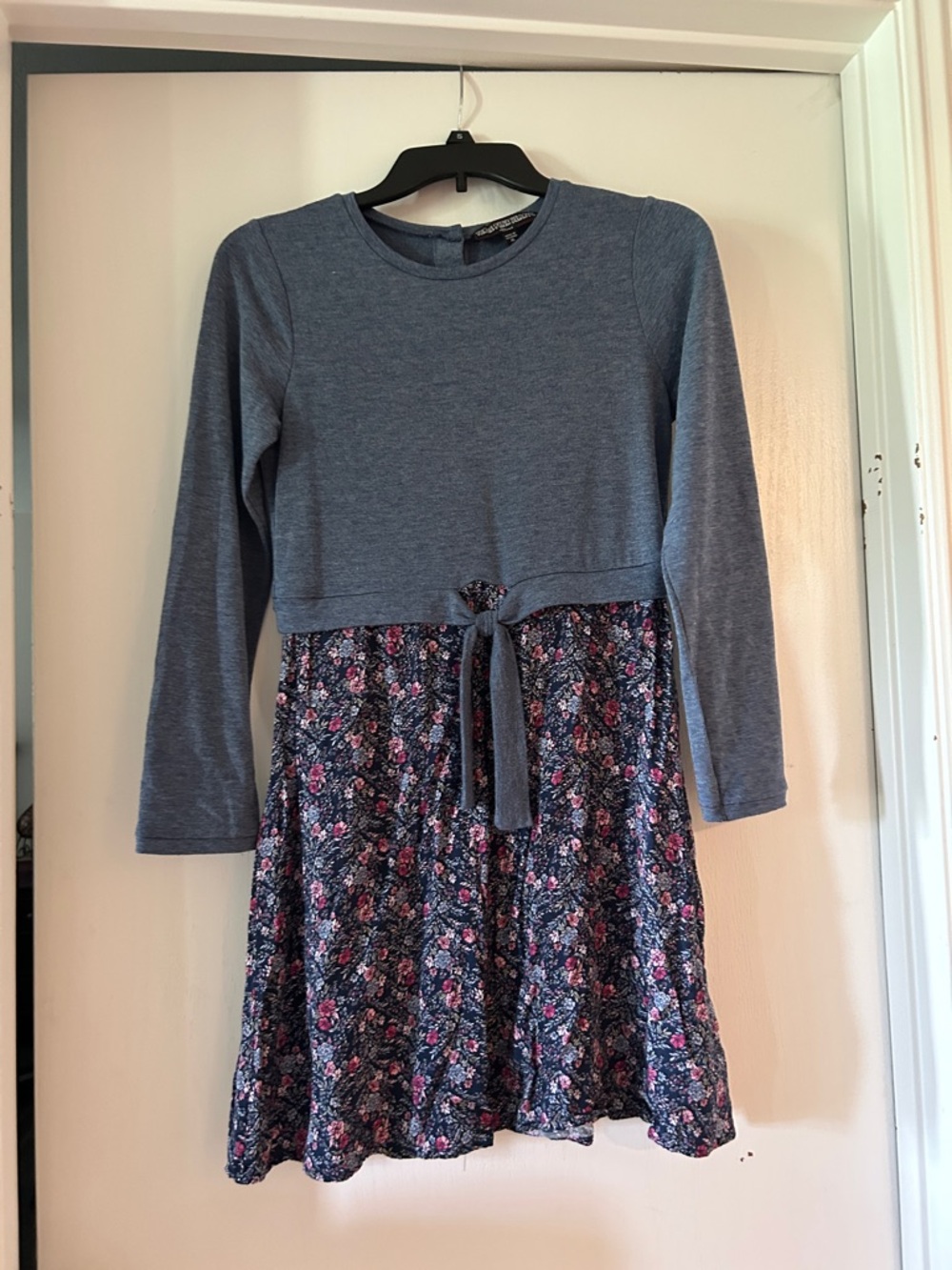 Three Hearts Blue Knit Bodice Floral Skirt Dress with Tie